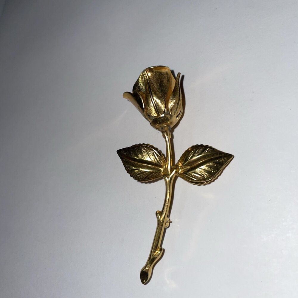STUNNING VINTAGE ESTATE LONG STEM ROSE FLOWER BROOCH